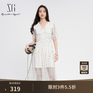 XG雪歌蕾丝拼接波点收腰连衣裙时尚夏季新款绑带设计短袖中长裙女