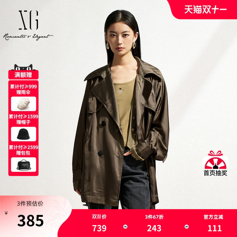 XG雪歌中长款双排扣休闲风衣2025春季新款通勤长袖翻领风衣外套女
