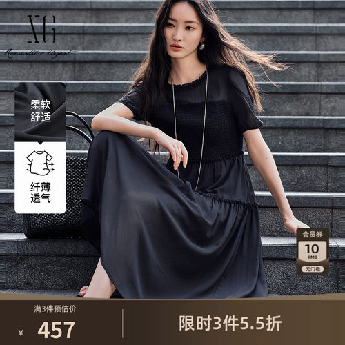 XG雪歌拼接设计淑女风连衣裙2025夏季新款灰色薄款短袖中长裙女装