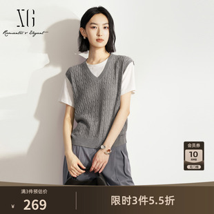 XG雪歌 灰色麻花针织背心短袖假两件T恤2026夏季新款直筒简约女装