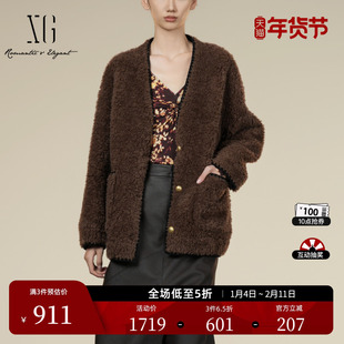 XG雪歌厚款长袖纯绵羊毛外套2025冬季新款深棕色中长羊羔绒大衣女
