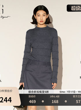 XG雪歌条纹设计通勤毛针织2026春季新款深灰色羊毛混纺套头毛衫女