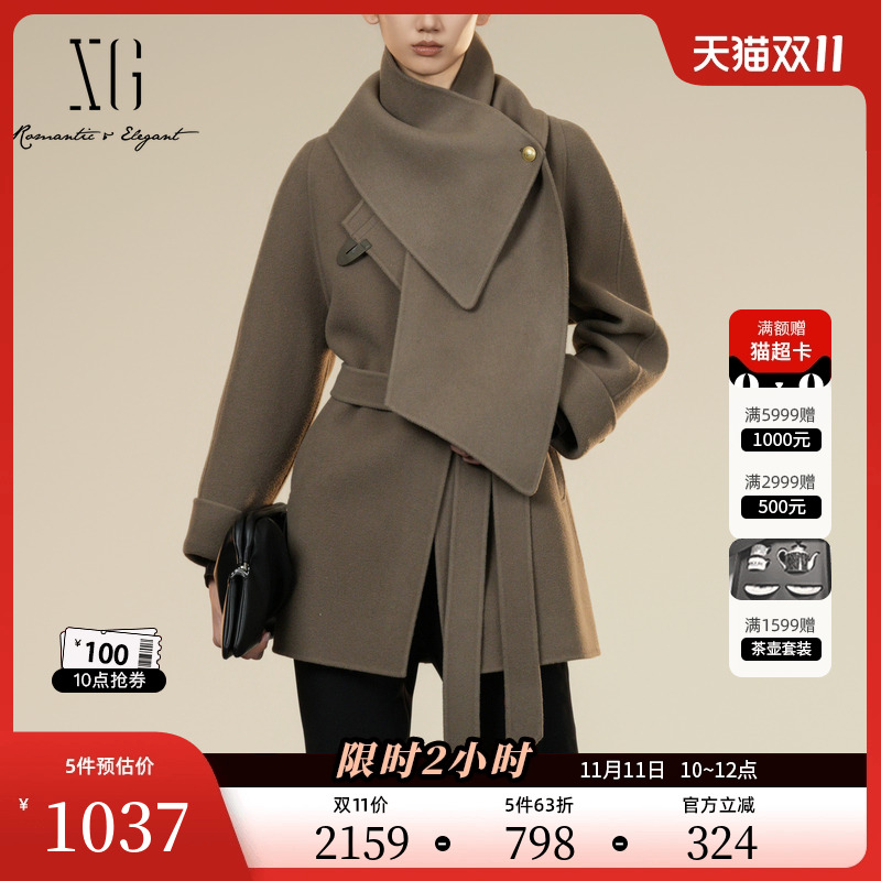 XG雪歌围巾搭配长袖毛呢外套2025冬季新款厚款纯绵羊毛圆领大衣女