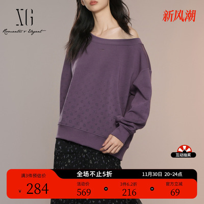 XG雪歌印花设计长袖套头卫衣2025秋季新款深紫色通勤圆领上衣女装
