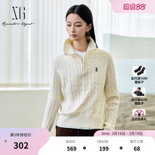 XG雪歌纯绵羊毛翻领长袖毛衣2025冬季新款米白色厚款套头针织衫女