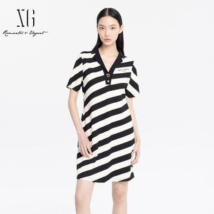 套頭短袖 XG雪歌條紋連衣裙2025夏季 新款 休閑翻駁領T恤 裙子女 修身