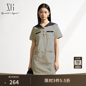 XG雪歌棉感海军风直筒连衣裙2026春季新款 大翻领减龄条纹T恤裙女