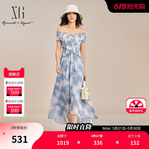 XG雪歌晕染设计一字领连衣裙2025夏季新款高腰设计不规则长裙女装