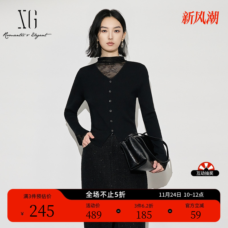 XG雪歌蕾丝网纱拼接长袖毛衣2025冬季新款黑色通勤绵羊毛针织衫女