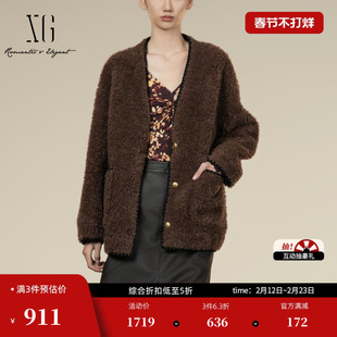 XG雪歌厚款长袖纯绵羊毛外套2025冬季新款深棕色中长羊羔绒大衣女