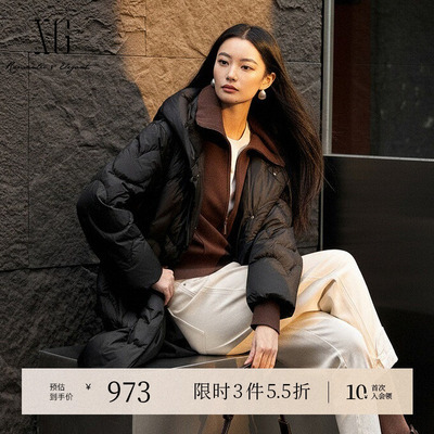 XG雪歌中长款黑色鸭绒羽绒服2025冬季新款盘扣设计厚款连帽外套女