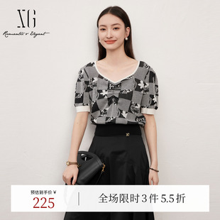 抽褶显瘦短袖 XG雪歌复古黑色大方领毛针织衫 新款 时尚 薄上衣女 夏季