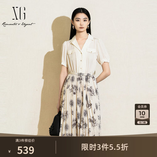 XG雪歌高腰设计短袖翻领连衣裙2025夏季新款印花中长百褶A字裙女