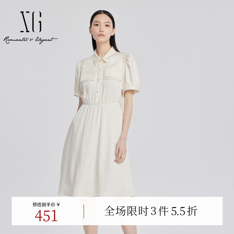XG雪歌米白高腰翻领短袖连衣裙时尚夏季新款灯笼袖衬衫中长裙子女
