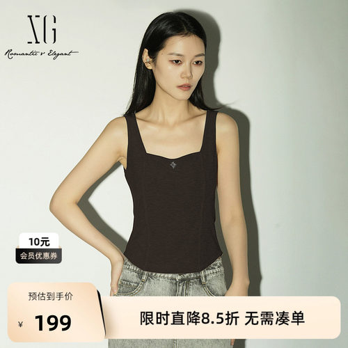 【单件立减】XG雪歌黑色莱赛尔背心2026夏季新款收腰鱼骨吊带女装