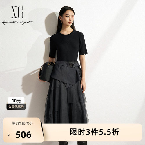 XG雪歌假两件设计短袖连衣裙2025春季新款深灰色圆领网纱中长裙女