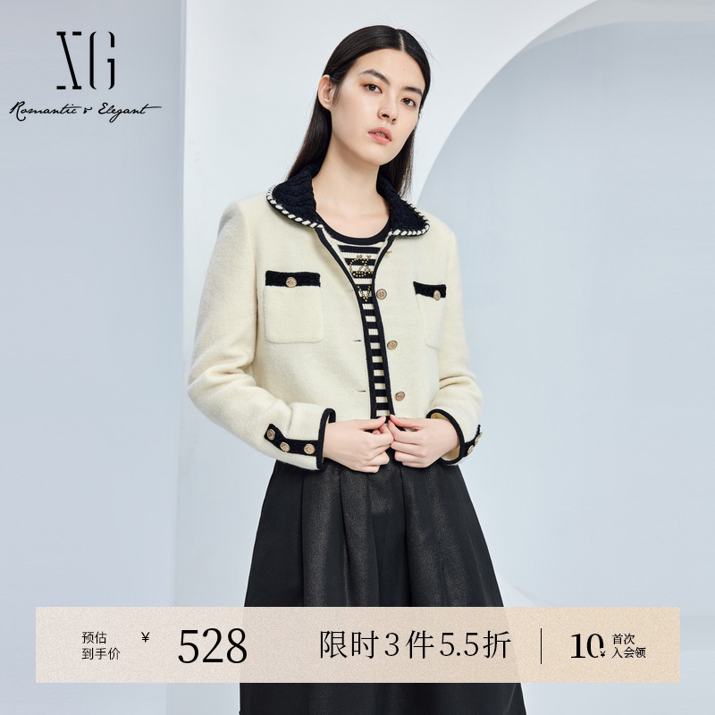 XG雪歌白色长袖绵羊毛短外套时尚秋季新款撞色设计娃娃领外套女装