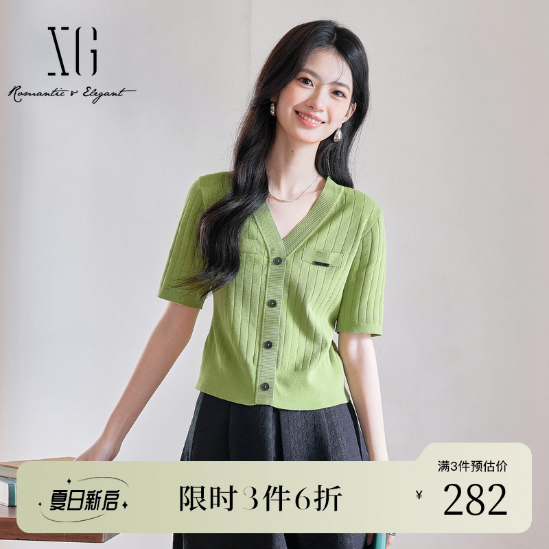 XG雪歌浅绿色V领设计毛针织衫2024春季新款通勤短袖套头毛衫女装