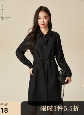 XG雪歌黑色长袖羊毛混纺连衣裙2025冬季新款创意拼接中款直筒裙女