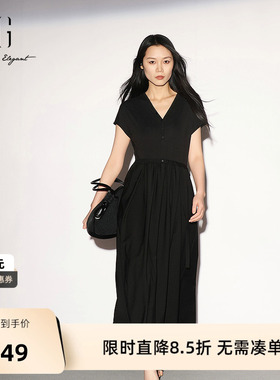 【单件立减】XG雪歌黑色V领短袖连衣裙2026夏季新款 配腰带薄裙女