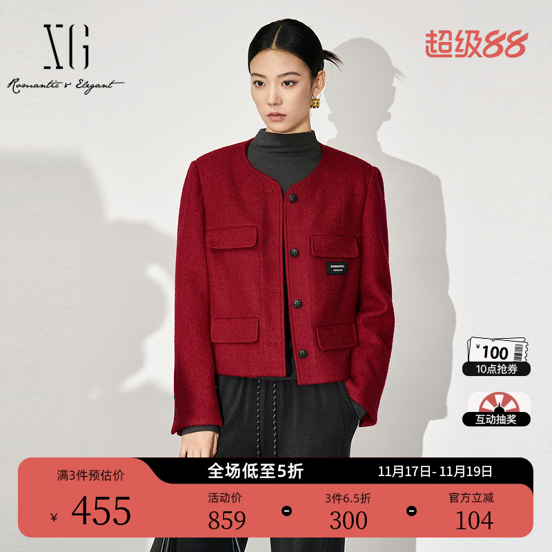 XG雪歌红色纯绵羊毛短外套时尚冬季新款通勤简约圆领毛呢外套女装