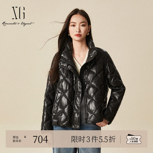 XG雪歌亮面设计白鸭绒羽绒服时尚冬季新款黑色通勤长袖加厚外套女