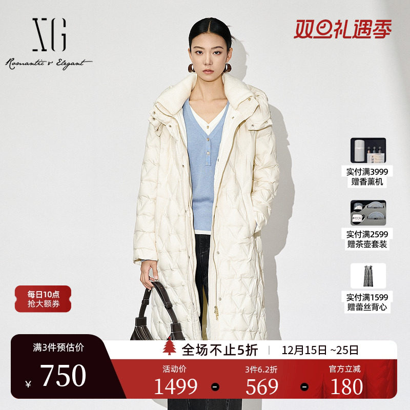 XG雪歌米白色高领鸭绒羽绒服2024冬季新款通勤长款长袖保暖外套女