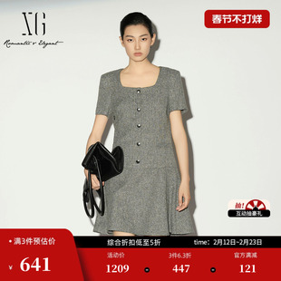 XG雪歌小香风连衣裙2026春季新款短袖方圆领气质收腰A字短裙女装