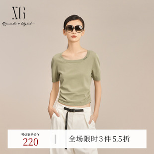 浅绿色通勤套头毛衫 2025夏季 新款 女装 方领短袖 XG雪歌短款 毛针织衫