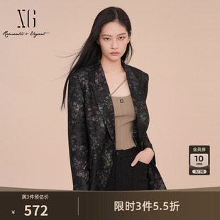 XG雪歌满印碎花设计休闲西装2025春季新款蕾丝拼接通勤长袖外套女