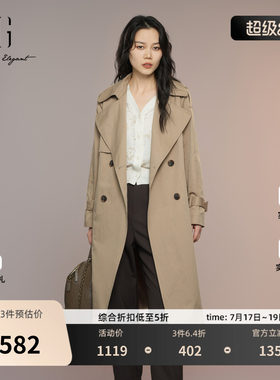 XG雪歌中长款双排扣棉感风衣2025秋季新款通勤咖色翻领长袖外套女