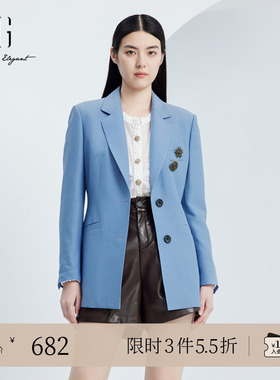XG雪歌蓝色绵羊毛长袖休闲西装时尚秋季新款两粒扣设计通勤外套女