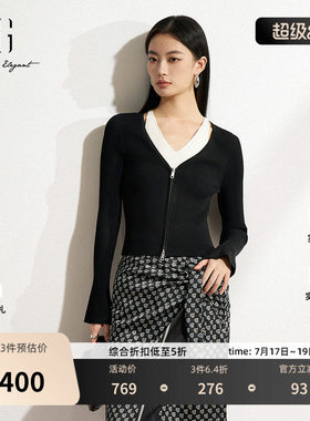 XG雪歌黑白色假两件针织衫2026春季新款修身显瘦套头长袖毛衣女装