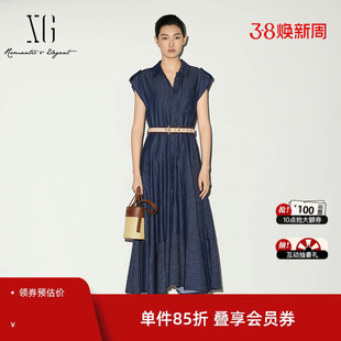 XG雪歌牛仔蓝色无袖连衣裙配腰带2026夏季新款 棉感中长A字伞裙女