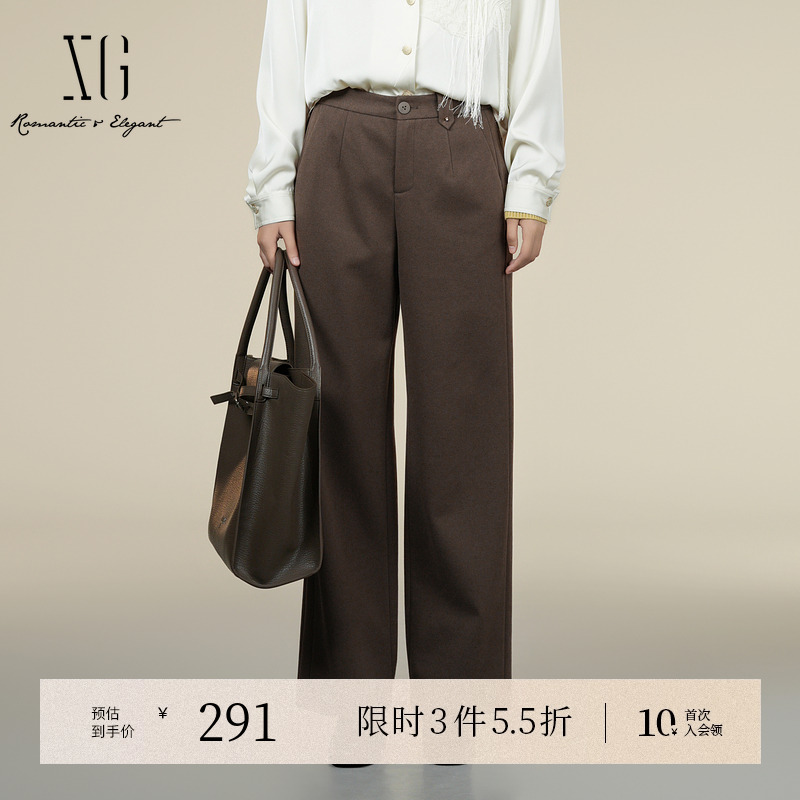 XG雪歌深咖色通勤简约休闲裤2025冬季新款宽松设计直筒长裤子女装