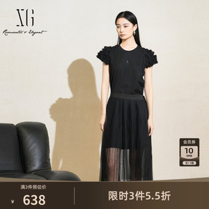 XG雪歌黑色短袖两件套连衣裙2025夏季新款网纱设计高腰A字长裙女
