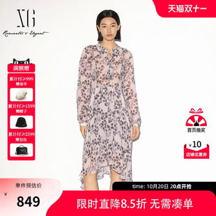 【单件立减】XG雪歌碎花绑带花边长袖连衣裙中裙2026秋季新款女装