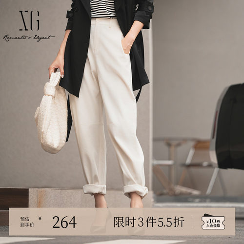 XG雪歌米白色通勤简约休闲裤2025秋季新款高腰设计灯笼裤长裤女装