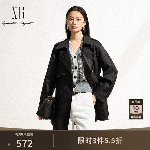 XG雪歌中长款双排扣棉感风衣2025春季新款黑色通勤翻领长袖外套女