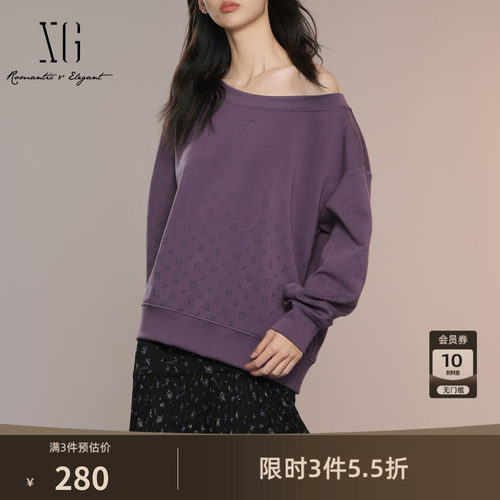 XG雪歌印花设计长袖套头卫衣2025秋季新款深紫色通勤圆领上衣女装