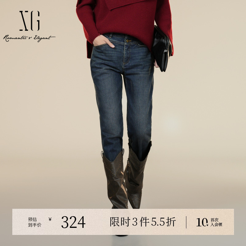 XG雪歌做旧设计蓝色水洗牛仔裤2025冬季新款微弹设计直筒长裤女装