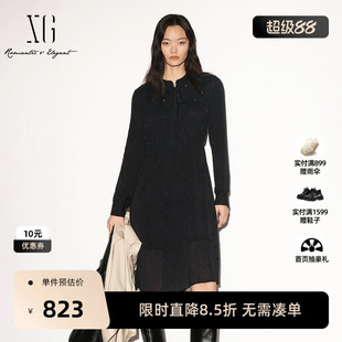 【单件立减】XG雪歌藏青色立领系带高腰连衣裙中裙2026秋季新款女