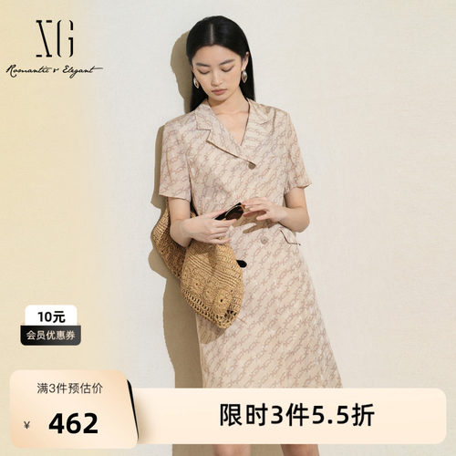 XG雪歌印花设计短袖翻领连衣裙2025夏季新款气质通勤衬衫A字裙女