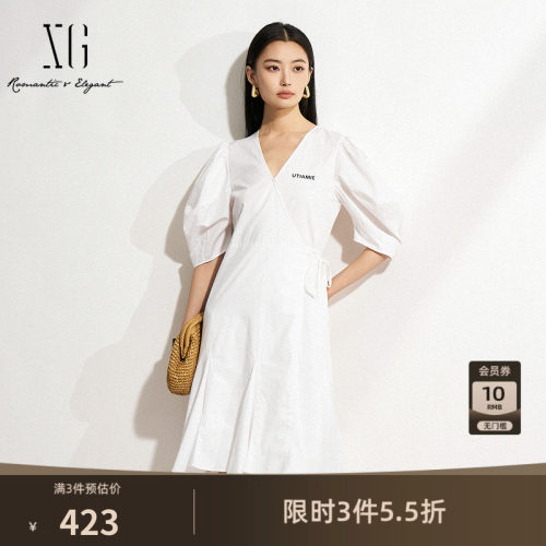 XG雪歌白色纯棉泡泡袖连衣裙2026春季新款 V领鱼尾收腰显瘦裙子女