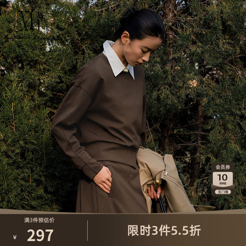 XG雪歌圆领套头短款卫衣2026春季新款拉链开叉落肩直筒长袖T女装