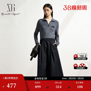 XG雪歌刺绣装饰假两件连衣裙2025春季新款温婉风黑色长袖A字裙女