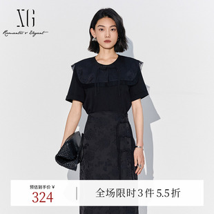 XG雪歌黑色创意网纱拼接短袖 通勤圆领纯棉上衣女 T恤2025夏季 新款