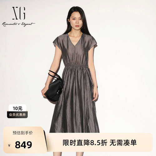 【单件立减】XG雪歌灰色醋纤V领飞飞袖连衣裙2026夏季新款 伞裙女