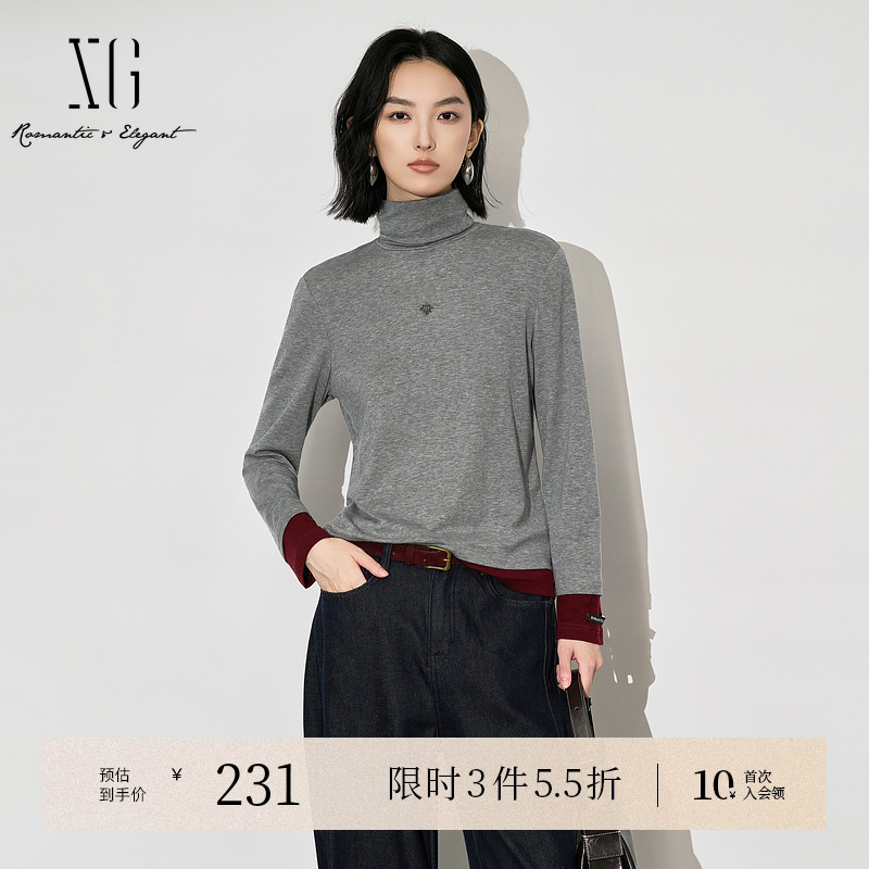 XG雪歌撞色拼接绵羊毛长袖T恤2025冬季新款烫钻设计灰色上衣女装