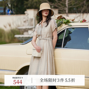 XG雪歌高腰设计浅米色连衣裙2025夏季 莱赛尔中长A字裙女 新款 短袖